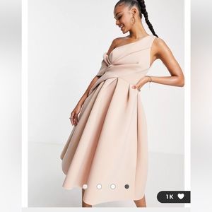 ASOS pink bare shoulder midi velvet dress